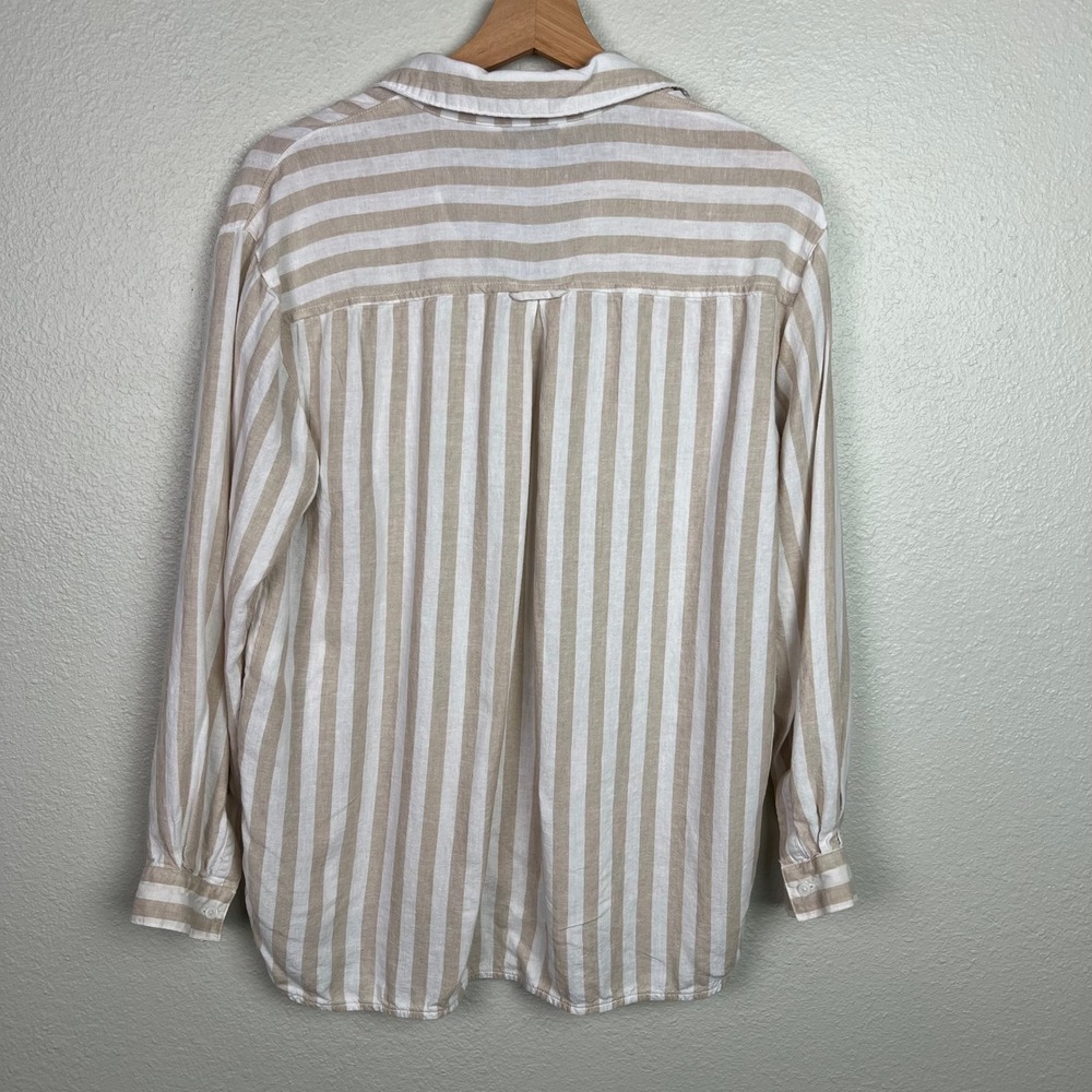 Old Navy The Boyfriend Shirt Tan White Striped Linen Blend Button Down Medium - Picture 7 of 8